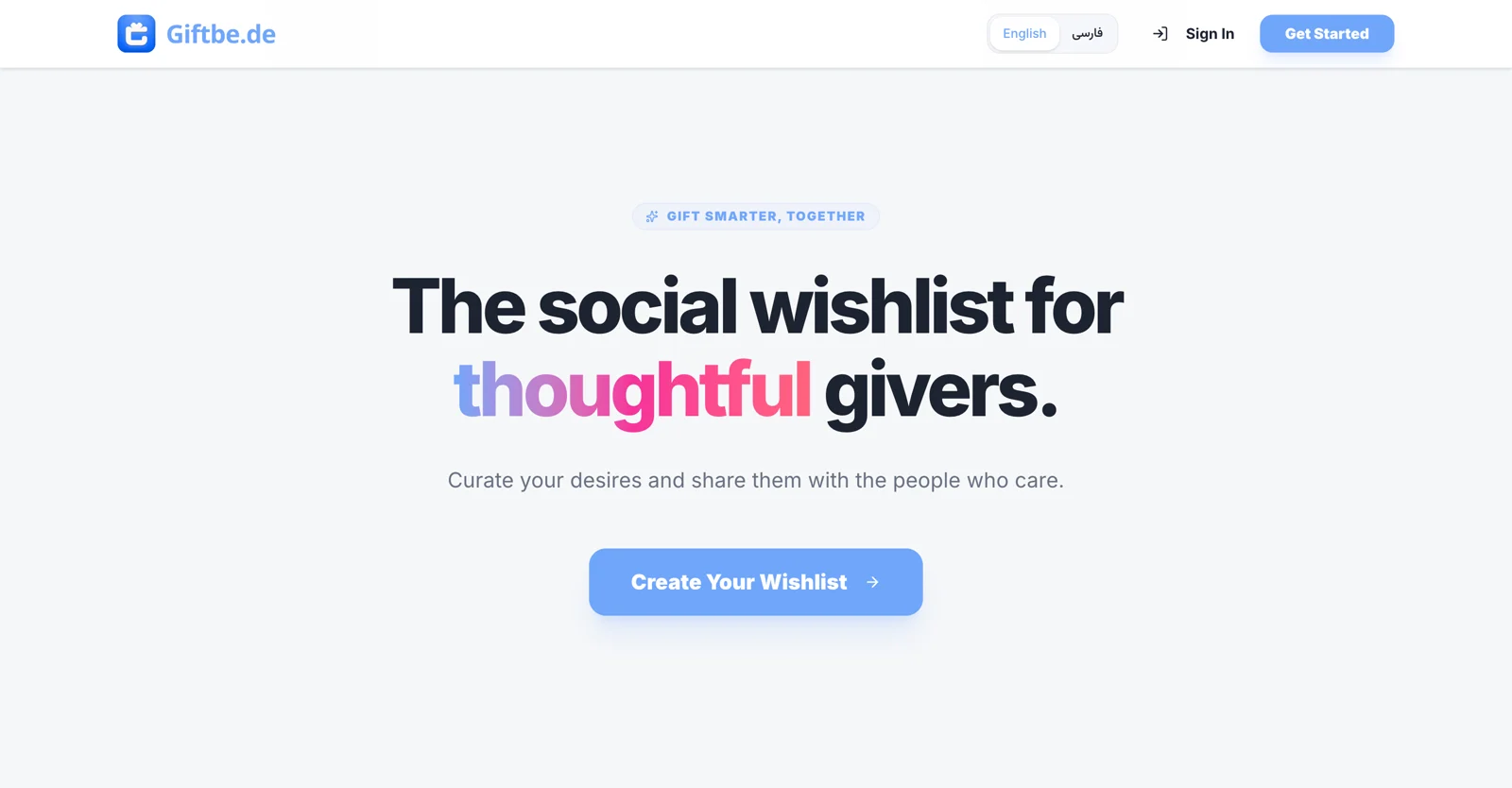 The Giftbede landing page: The social wishlist for thoughtful givers, with a Create Your Wishlist button
