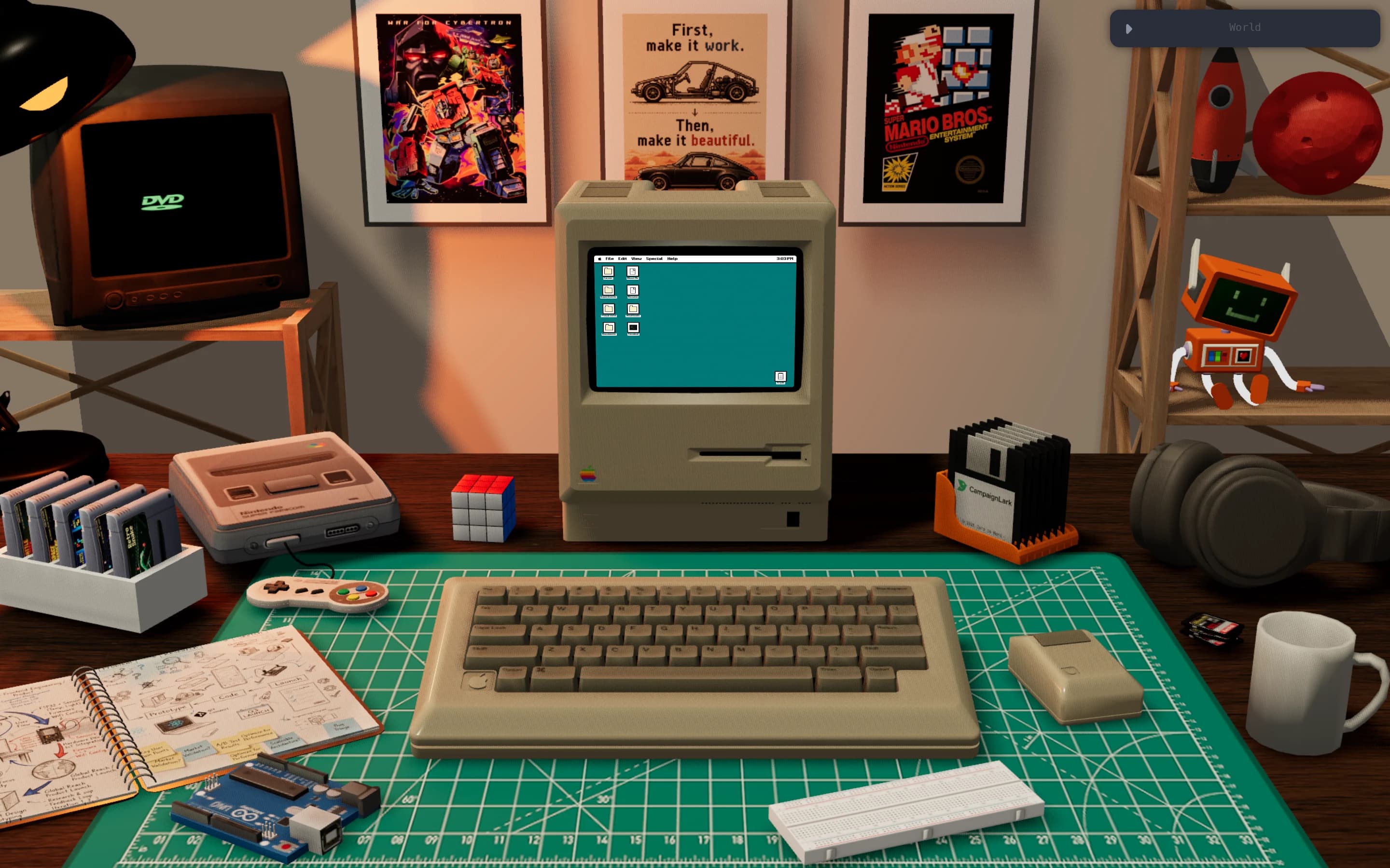 Sina's desk: a beige Macintosh with a teal screen, posters on the wall, floppy disks, a Nintendo and a CRT