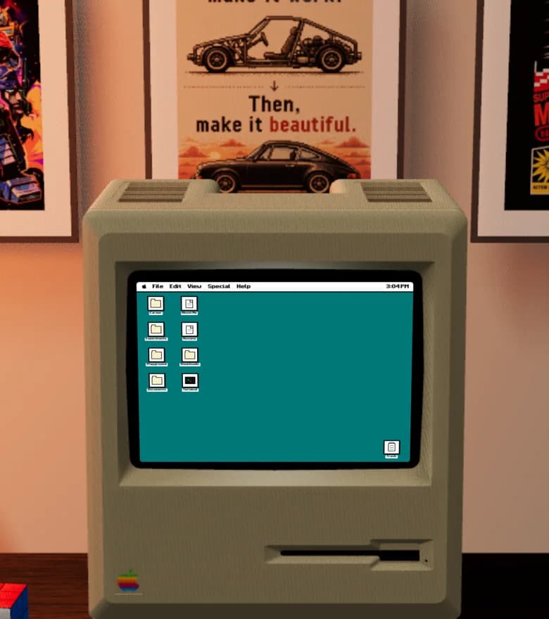 Sina's desk: a beige Macintosh with a teal screen, posters on the wall, floppy disks, a Nintendo and a CRT